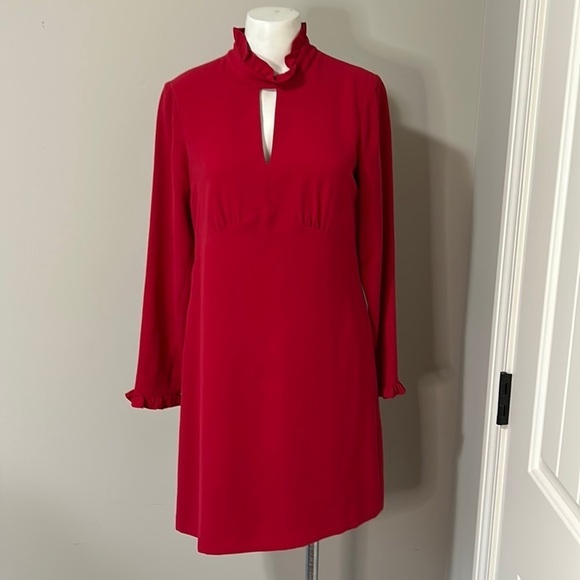 Shoshanna Melody Dress Ruby Red High Neck Long Sleeve Ruffle Neck Dress Sz 6 - Picture 4 of 16